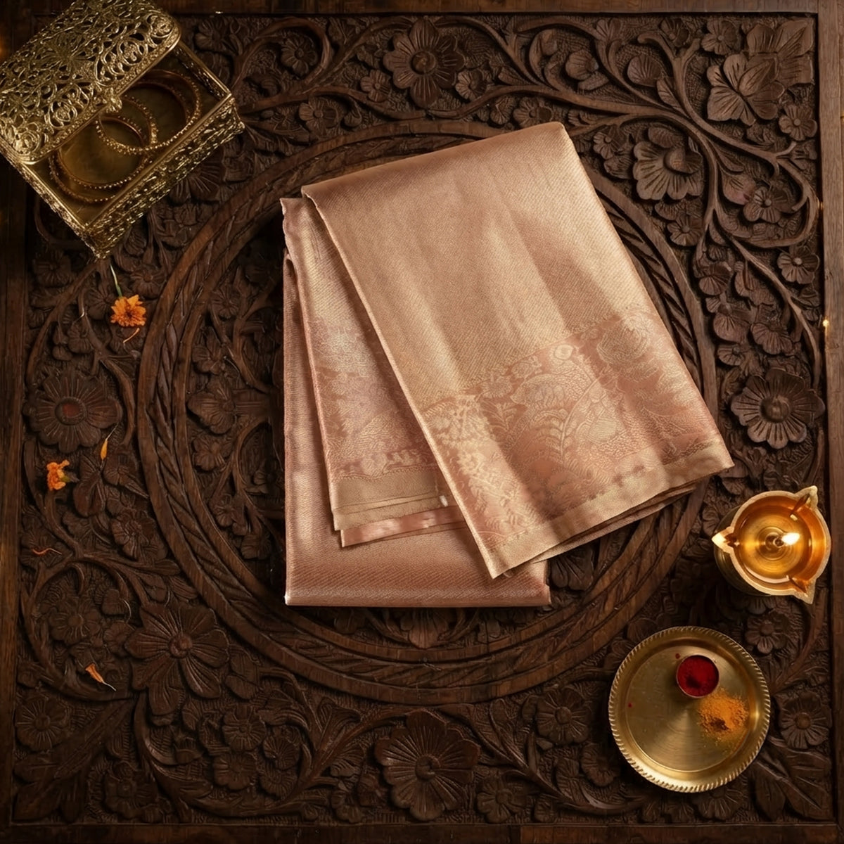 Minchu Pattu- Gold and soft Pink